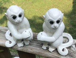 Rare White Italian Porcelain Ceramic Capuchin Monkeys Holding Ball Elvis Presley
