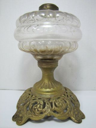 Antique Victorian Oil Lamp Detailed Cast Iron Base Old Gold Paint Bubbled Glass