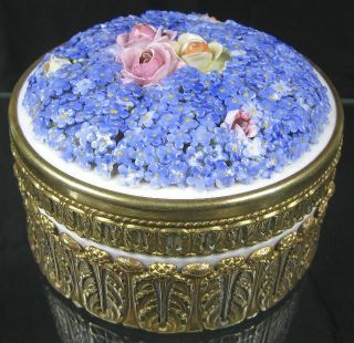 Antique 19th C German Porcelain Covered Powder Jar Trinket Box Blue Forget Me No