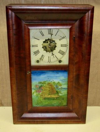 Antique Gilbert Miniature Ogee 30 Hour Time/strike Shelf Clock W/bee Hive Glass