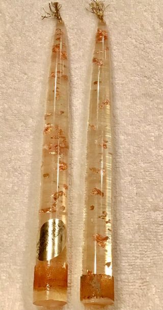Vintage Pair Gregorian Lucite & Copper Flake 8” Flameless Taper Candles