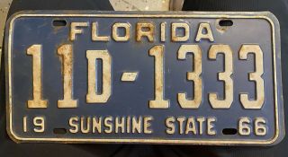 1966 66 Florida Fl License Plate Tag 11d1333 Double Triple Vintage Alachua