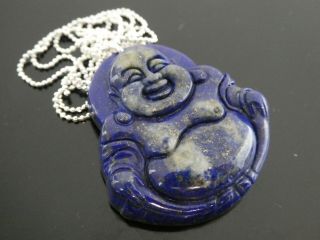 Vintage Blue Lapis Hotei Buddha Sterling Gemstone Pendant Necklace 24 "