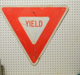 Yield Sign Red On White 28 X 25 Aluminum - - Age Wear Old Flat Reflective