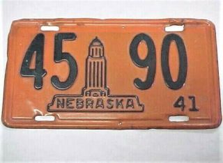 Vintage 1941 Nebraska License Plate 45 - 90 - Capitol Building