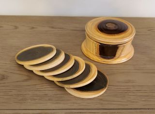 Vintage Six Coaster Set In Covered Box Burl Wood Home Decor