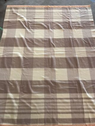 Vintage Blanket Wool Satin Trim Checked Strip 53 " X 73 " Cream Light Brown