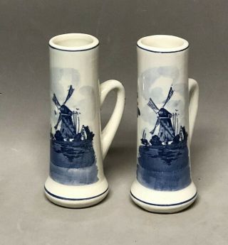 Pair Vintage Delft Blue Bud Vase With Handle Hand Painted Windmill - Holland