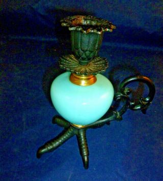 Antique Victorian Candlestick Holder Cast Iron Chicken Foot With Blue Glass Egg