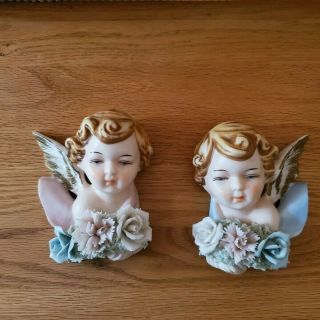 Set 2 Vintage Norcrest Angel Cherub Wall Hanging W/flowers Ceramic Girl Boy