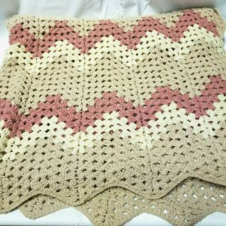 Vintage Handmade Crochet Pink Chevron Striped Afghan Grandma Blanket 60x76 Throw