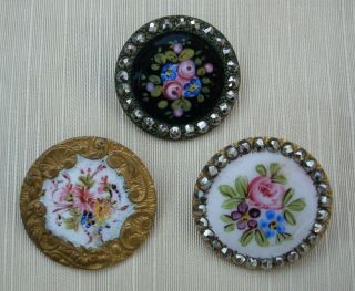 Set Of 3 Antique 19th Century French Enamel Buttons