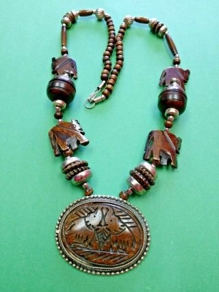 Vintage Carved Bovine Bone Elephant Pendant & Beaded Necklace In Silver Tone