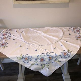 Vintage Embroidered Tablecloth 47 " X50 " Large Blue Flowers On White Linen