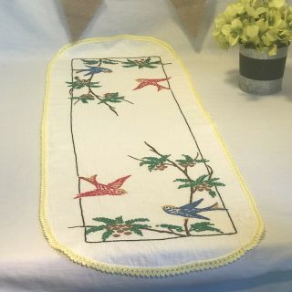 Vintage Linen Dresser Scarf Table Runner Hand Embroidered Swallows Birds 36”x13”