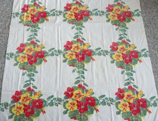 Vtg Tablecloth 48 X 50.  5 Nasturtiums Flowers Red Yellow Green