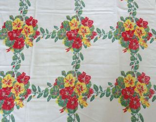 Vtg Tablecloth 48 x 50.  5 Nasturtiums Flowers Red Yellow Green 3