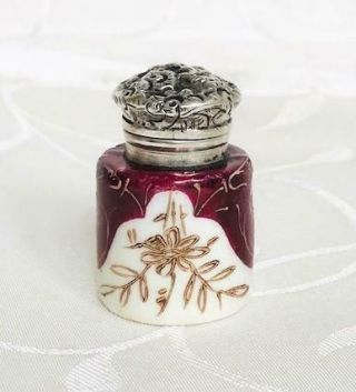 Antique Enamel & Gilt Porcelain Perfume Scent Bottle Silver Lid Circa 1880