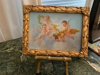 Estate Antique Cherubs Mini Oil Painting On Board Great Gilded Frame