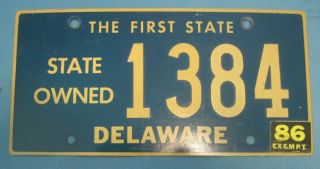 Old Delaware License Plate State Owned With Riveted Numbers
