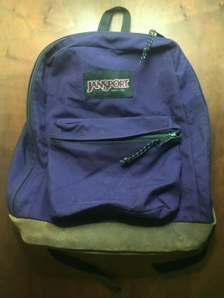 Jansport Leather Bottom Purple Backpack Vtg 90s Made In Usa Uw Dawgs