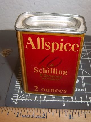 Vintage Schilling Allspice 2 Oz Spice Tin,  Gold Color Letters Great Collectible