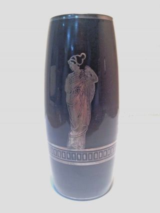 Antique Black Glass Vase With Silver Overlay,  Greek Goddess,  Art Deco 1920 