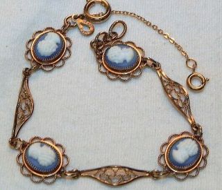 Vintage Amco 14k Gold Filled Gf White On Blue Cameo 7 " Bracelet Victorian Lady