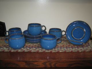 Vintage Set Of 5 Denby Stoneware English Blue Cups Saucers (rams Head)