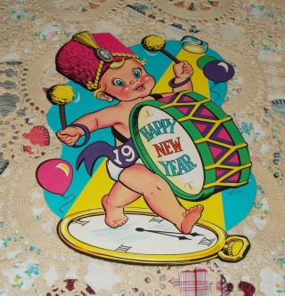 Vtg Beistle Diecut Happy Year Baby Drum Cardboard Decoration Nos