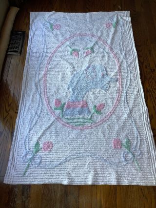 Vintage Chenille Child’s Bedspread Cover Blanket Pink Blue White Elephant 63x38