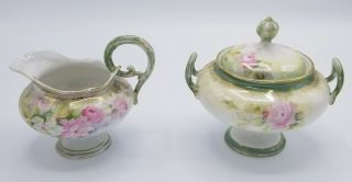Antique Rs Prussia Rose Floral Painted Creamer And Sugar Cup With Lid Set