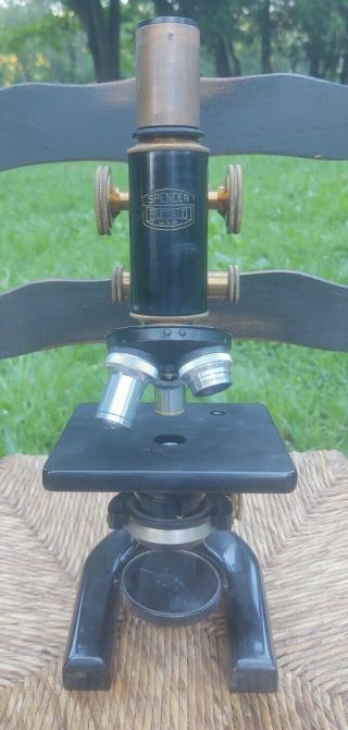Antique Spencer Buffalo Scientific Microscope Brass Metal Steampunk with case 2