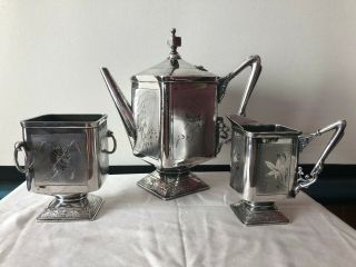Antique Tea Coffee Pot Set Wilcox Quadruple Silver Plate Floral Design 2
