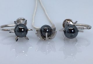 Vintage 925 Sterling Silver Hematite Screw Back Earrings & 30” Necklace