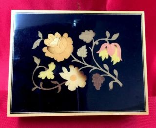 Vintage 6”x4.  2” Music Box Floral Multi Color Inlay Black Lacquer Wood