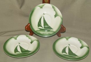 Vintage Jackson China Airbrushed Green/white Sailboat Saucer 4.  75 " Set Of 3