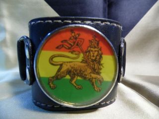 Vtg Wide Leather Rasta Wrist Band Cuff Bob Marley Rastafarian Iron Lion Of Judah