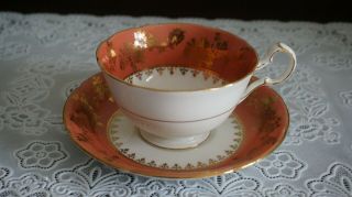 Vintage Royal Grafton Burnt Orange Gold Gilt Tea Cup And Saucer,  England