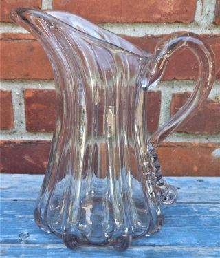 Good Large Antique Pittsburgh Glass Pillar Molded Pitcher With Applied Handle 9 "
