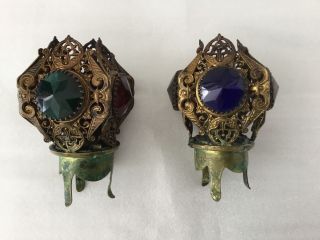 Private Brass Ormolu Jeweled Fairy Lamp Filigree Shade Pair Candle Top