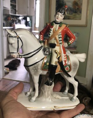 Antique Sitzendorf Figurine Soldier On Horse Light Dragoons
