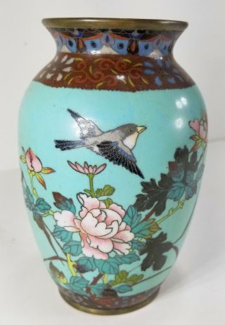 Antique Small Japanese Cloisonne Vase Floral Bird Decoration Crazing
