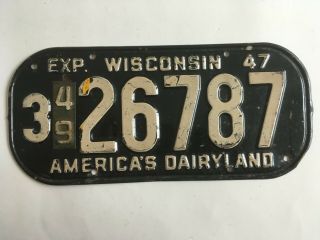 1949 Wisconsin License Plate Metal Year Tab On Dated 1947 Base Plate