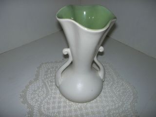Vintage Red Wing Pottery Vase 505 Double Handle White With Green Interior