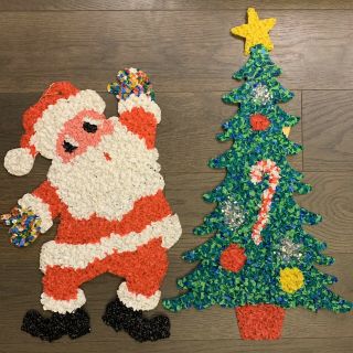 Vintage Melted Plastic Popcorn Santa Claus & Christmas Tree Decorations Set Of 2