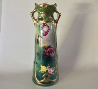 Royal Nippon Nishiki Art Nouveau Pottery Vase W Rose Decor 12 1/2 " Antique Japan