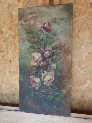 14 X 28 " Antique Oil Painting Of Roses Bees Canvas Signed,  1918