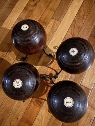 Set Of 4 Antique English Wood Lawn Bowling Bocce Balls Accesory