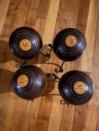 Set Of 4 Antique English Wood Lawn Bowling Bocce Balls Accesory 2